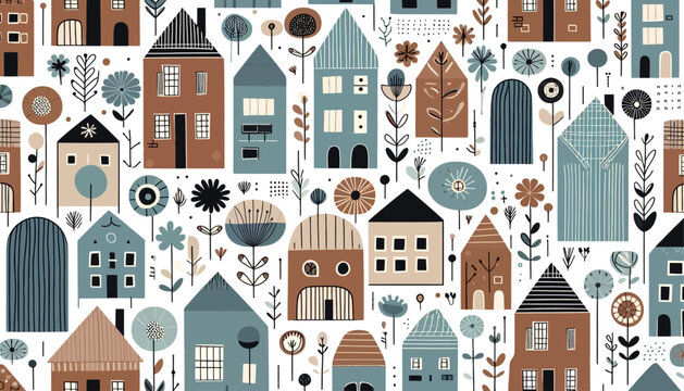 abstract doodle house and flowers seamless vector pattern background