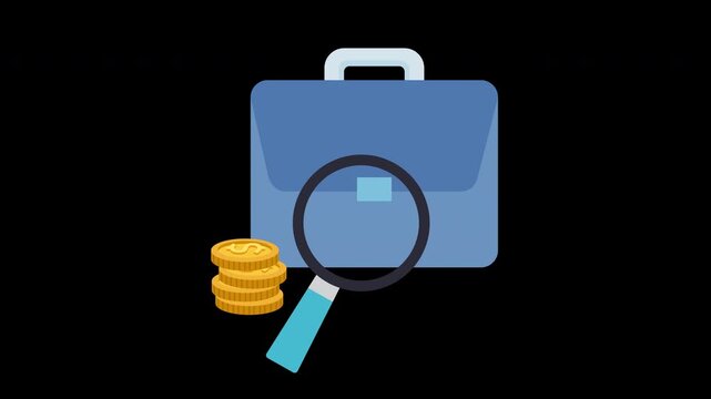 Business Financial Analysis Briefcase and Magnifying Glass Animation Loop with Alpha Channel