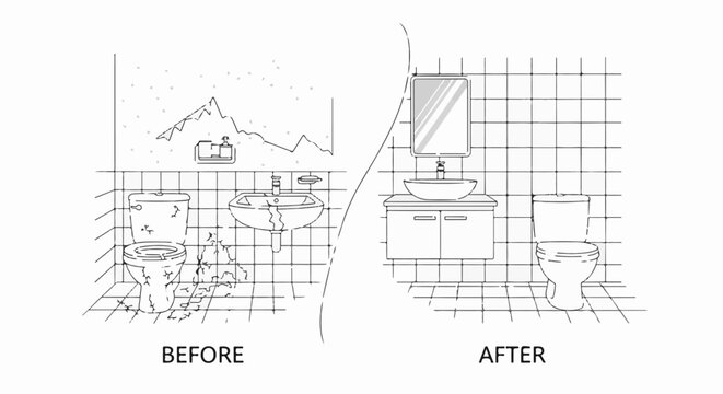 Contrasting bathroom scenes one dilapidated, the other renovated and clean