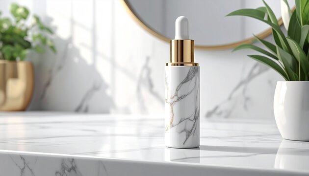 A luxurious white marble dropper bottle sits on a sleek marble countertop beside a potted plant and mirror.
