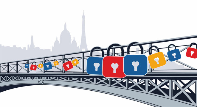 Colorful love locks adorn a bridge railing with Paris skyline silhouette