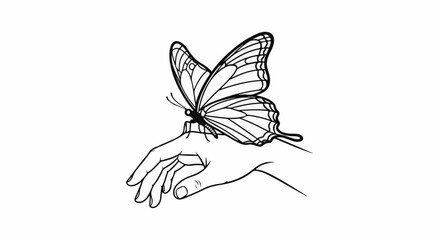 Fototapeta premium Delicate butterfly lands on open hand in a simple line drawing