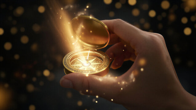 A hand holding an open golden locket with a bright light shining out of it