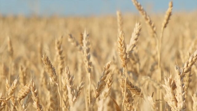 Agricultural field of ripe golden wheat ears swaying in different directions from wind. Premium wheat grain. Ripe wheat ears cover full frame. Concept of crop production in agriculture. Cereals.