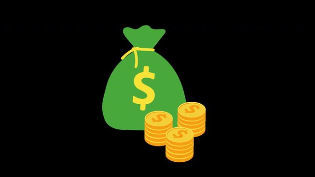 Savings Money Bag and Gold Coin Stack Animation Loop for Investment and Budget Planning with Alpha Channel