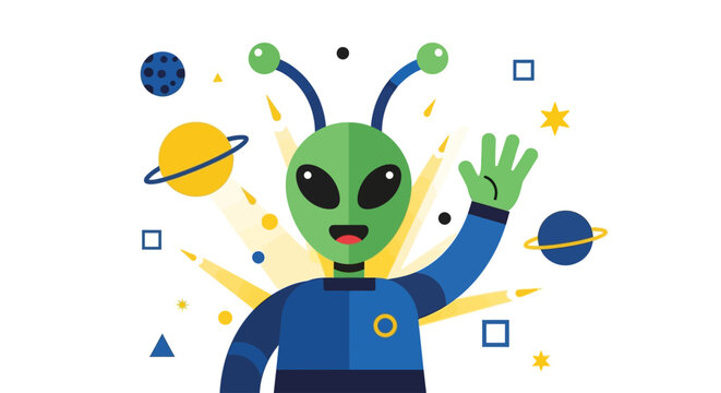Green alien with antennae waving hand.