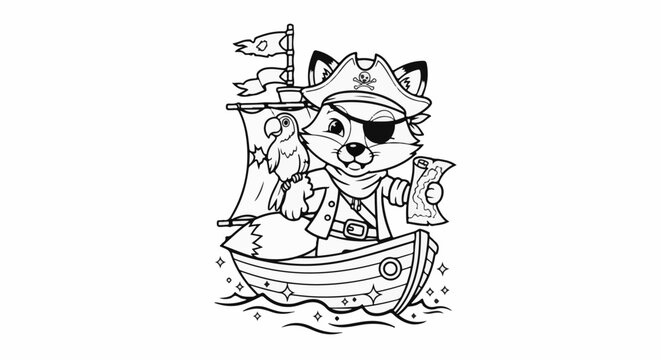 Cartoon fox pirate with eye patch and parrot on a treasure map ship