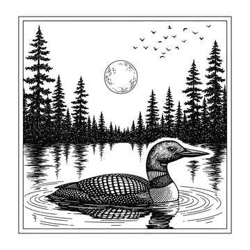 Vintage loon bird swimming on calm lake with pine forest and moon background hand drawn woodcut style illustration for nature lovers and outdoors.