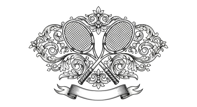 Tennis rackets crossed with floral design.