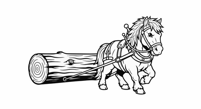 Cartoon horse pulling a large log with harness
