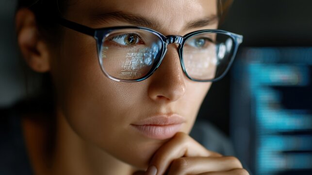 Coder focused on writing code, with digital technology and security data reflected in their glasses. 