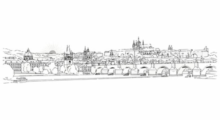 Fototapeta premium Cityscape with a river, bridges, and prominent castle-like buildings at sunrise