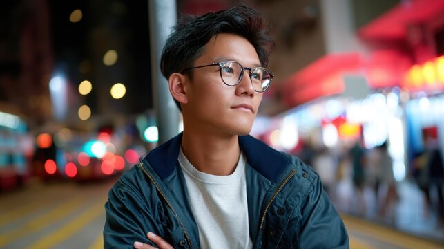 Confident Asian hipster guy standing under neon lights in a busy city street at night. 