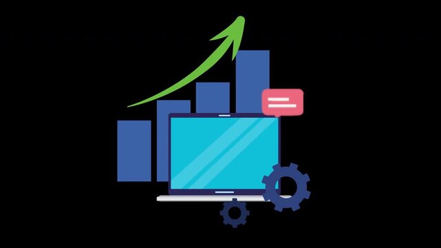 Business Financial Growth Graph Animation with Laptop Analytics Dashboard Loop with Alpha Channel