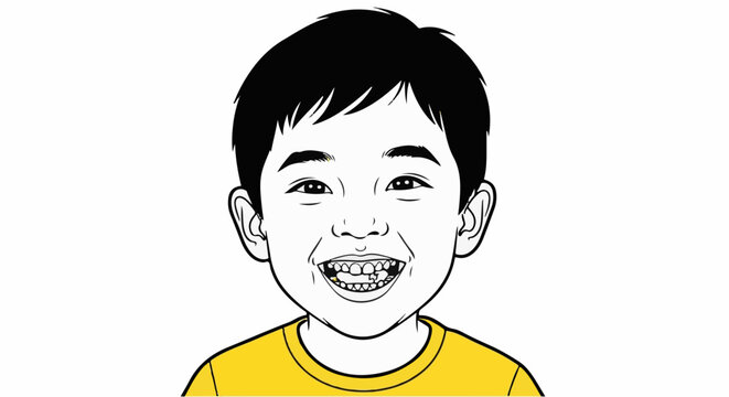 Cartoon portrait of a smiling boy with black hair and missing teeth
