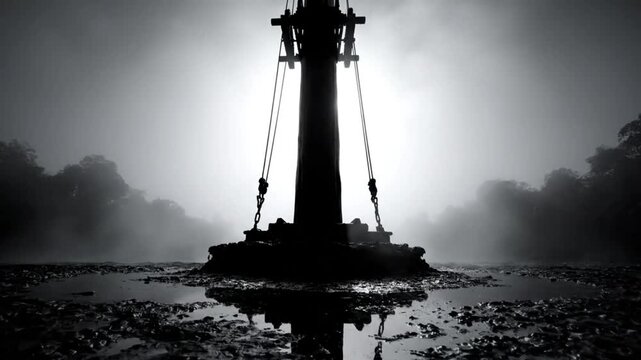 Mysterious silhouette of a wooden structure in a foggy landscape with a powerful light shining through