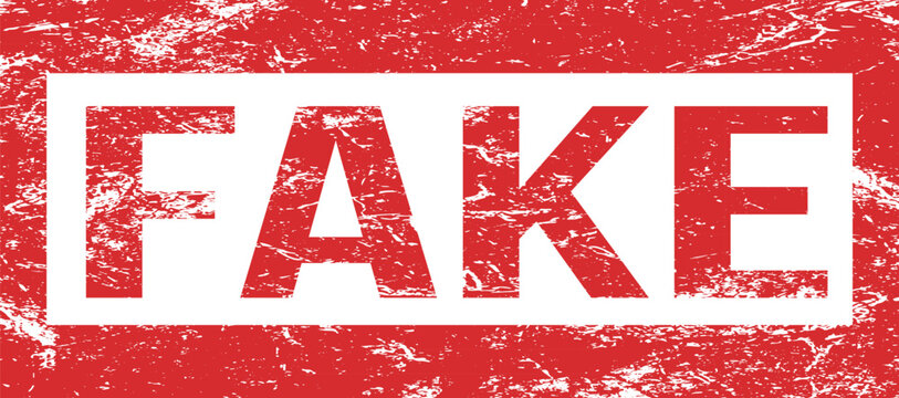 A textured red stamp announces FAKE with bold white lettering, signifying inauthenticity or deception.