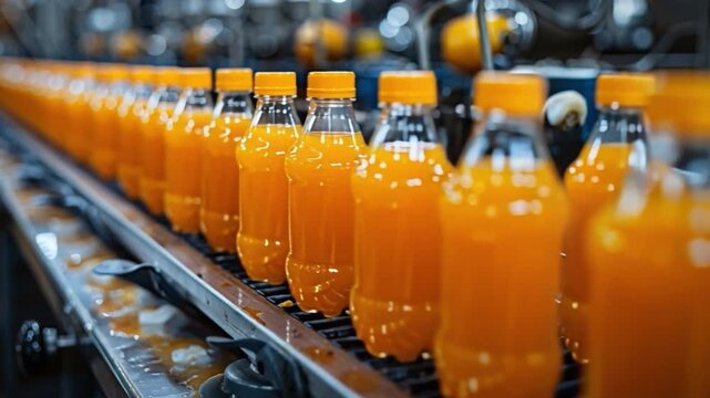 Diligent factory workers scrutinize the bottling process as rows of orange drink bottles move along the conveyor belt, surrounded by the hum of machinery