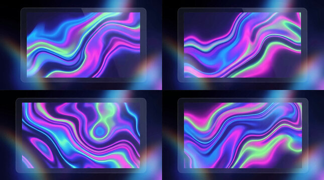 Vibrant iridescent liquid marble textures with flowing waves of neon colors on a dark background with light refractions