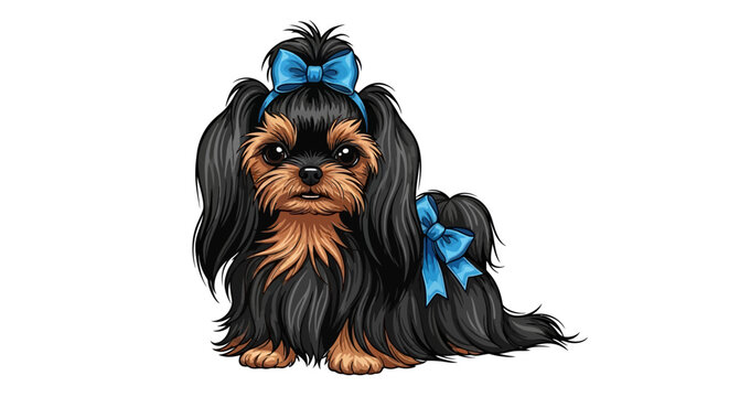 Cute Yorkie Dog with Blue Bows.