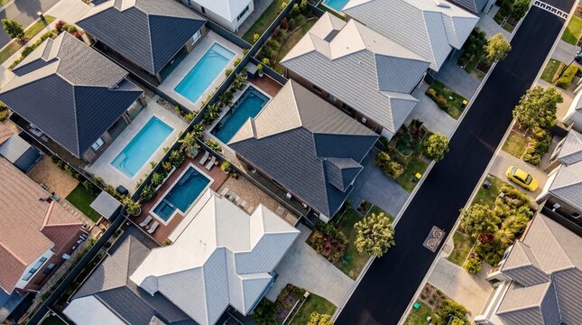 Aerial top down view of luxury modern houses with turquoise swimming pools in a suburban residential neighborhood