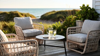 Fototapeta premium Outdoor seating area with two wicker chairs and a round table, featuring a pitcher and glass of lemonade, overlooking a beach and ocean view