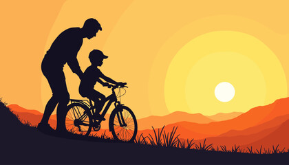 Obraz premium Father and child riding bicycle together during sunset in nature. Father's Day 