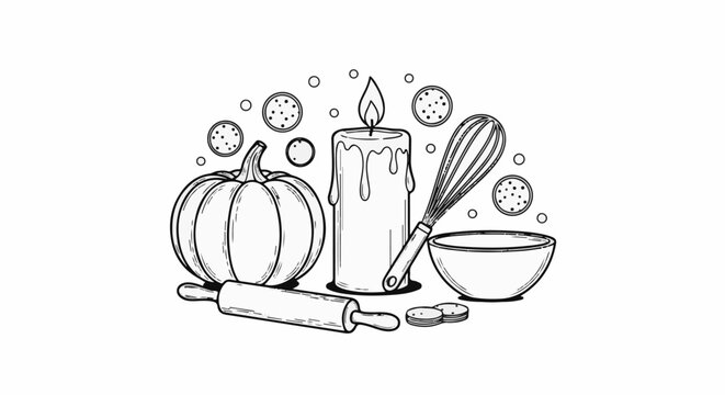 Cozy baking scene with pumpkin, candle, whisk, rolling pin, and cookies