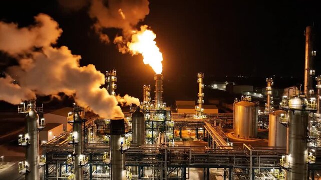 Oil refinery gas flare stack at night emitting smoke