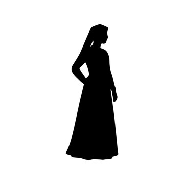 Medieval woman silhouette in a long gown wearing traditional hennin with flowing veil