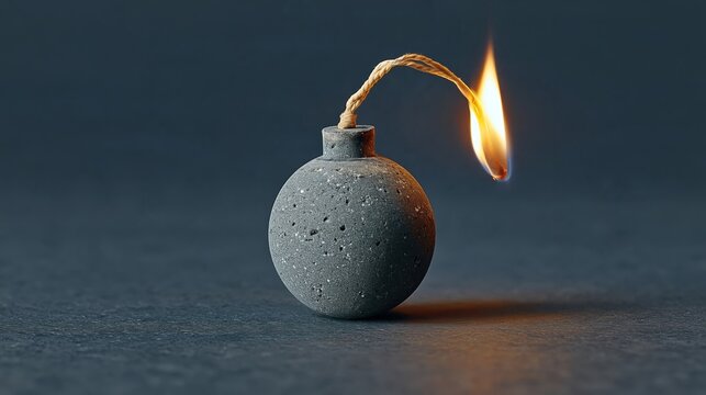 Gray concrete bomb with a burning fuse placed on a dark surface, showcasing a realistic design and texture, emphasizing the explosive element in a controlled setting