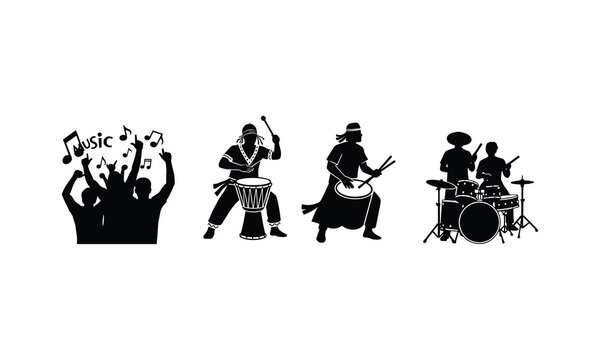 Musician silhouettes performing live music vector illustration showing drummers and crowd.