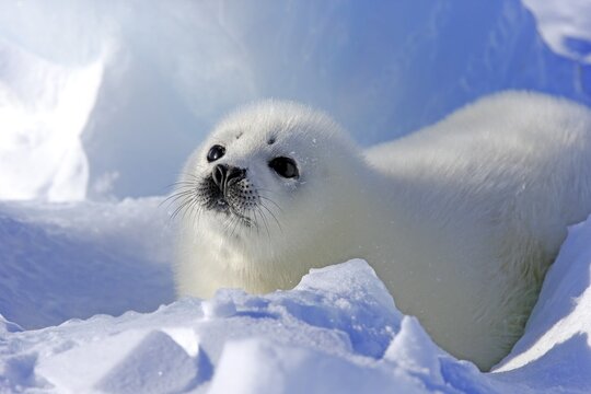 Harp Seal or Saddleback Seal (Pagophilus groenlandicus, Phoca groenlandica) pup on pack ice, Magdalen Islands, Gulf of Saint Lawrence, Quebec, Canada