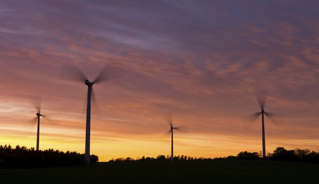 Wind turbines at sunset, Aalborg, Jutland, Denmark