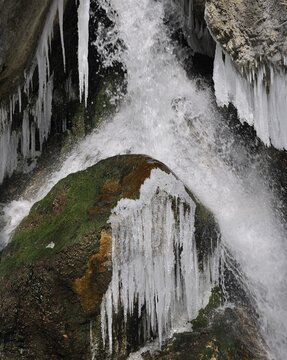 Water and ice, Mirafaelle waterfalls, Pernitz, Piestingtal valley, Lower Austria, Austria, Europe