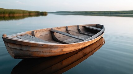 Obraz premium Wooden rowboat floating on calm water with reflections, surrounded by green grass and distant hills under a clear sky during sunset in a serene landscape