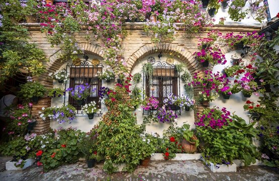 Patio decorated with flowers, geraniums in flower pots on the wall of the house with windows, Fiesta de los Patios, C&oacute;rdoba, Andalusia, Spain