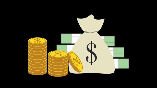 Stacked Coins and Money Bag Animation Loop Wealth Investment Concept with Alpha Channel