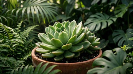Obraz premium Green succulent plant in clay pot surrounded by tropical foliage leaves