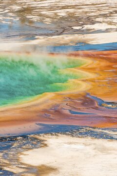 Colored mineral deposits at the edge sr steaming hot spring, detail photo, Grand Prismatic Spring, Midway Geyser Basin, Yellowstone National Park, Wyoming, USA