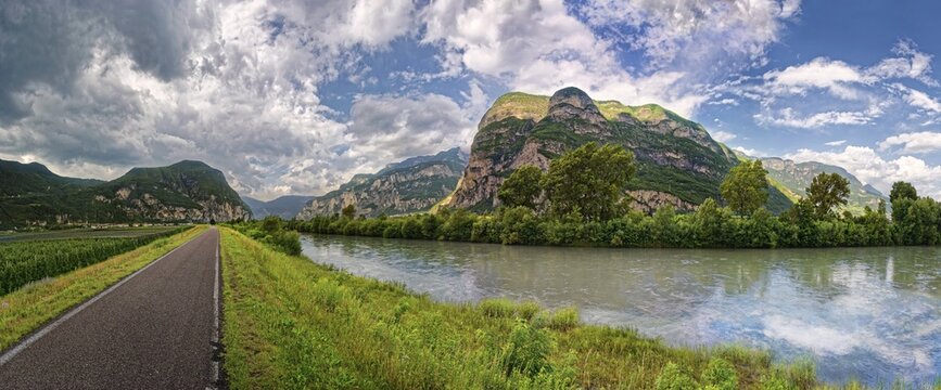 Adige Valley Cycle Path with River Adige near Cortina Sulla Strada Del Vino, Cortina Sulla Strada Del Vino, Trentino-Alto Adige, Italy