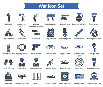 War Icon Set featuring military symbols, army icons, and warfare graphics for UI, UX, and infographic use