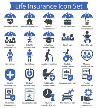 A comprehensive life insurance icon set featuring various insurance symbols, including life, health, medical, and financial protection icons, designed for use in web, app, and infographic applications