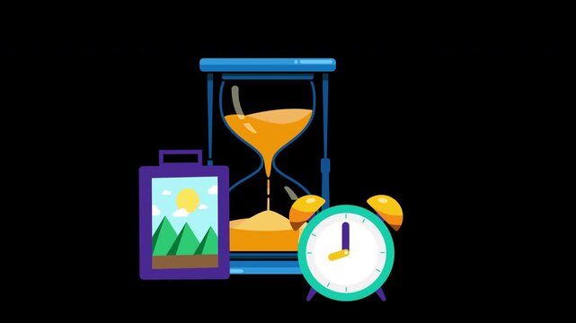 Time Management Hourglass and Alarm Clock Animation Loop Productivity Concept with Alpha Channel