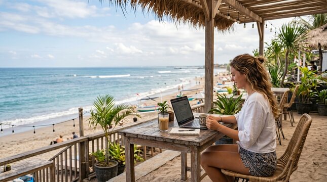 Smiling young woman working on laptop at a tropical beach cafe with ocean view