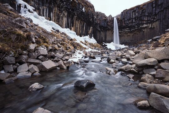 Svartifoss Waterfall, Black Falls, River St&oacute;ril&aelig;kur, basalt columns, Skaftafell National Park, Southern Region, Iceland