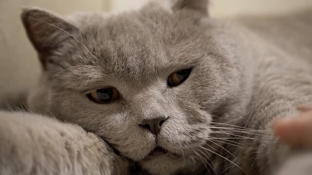 A fluffy grey British Shorthair cat rests its head lazily while a gentle human finger slowly approaches to touch its nose indoors. Concept of pet interaction and feline companionship.