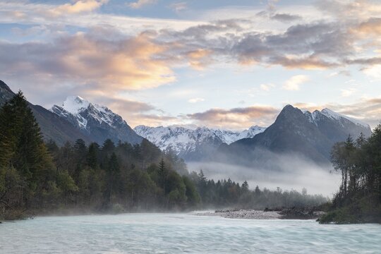 River Soca with Svinjak Mountain in the morning, Soca Valley, Kanin Mountains, Julian Alps, Bovec, Triglav National Park, Slovenia