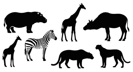 Fototapeta premium African Safari Animals Silhouettes Collection on White Background