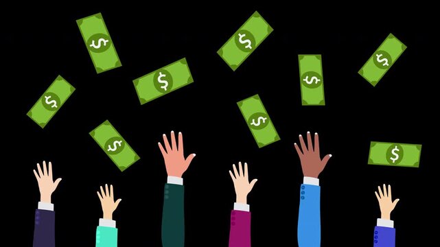 Money Rain Hands Up Animation Loop Financial Opportunity Concept with Alpha Channel